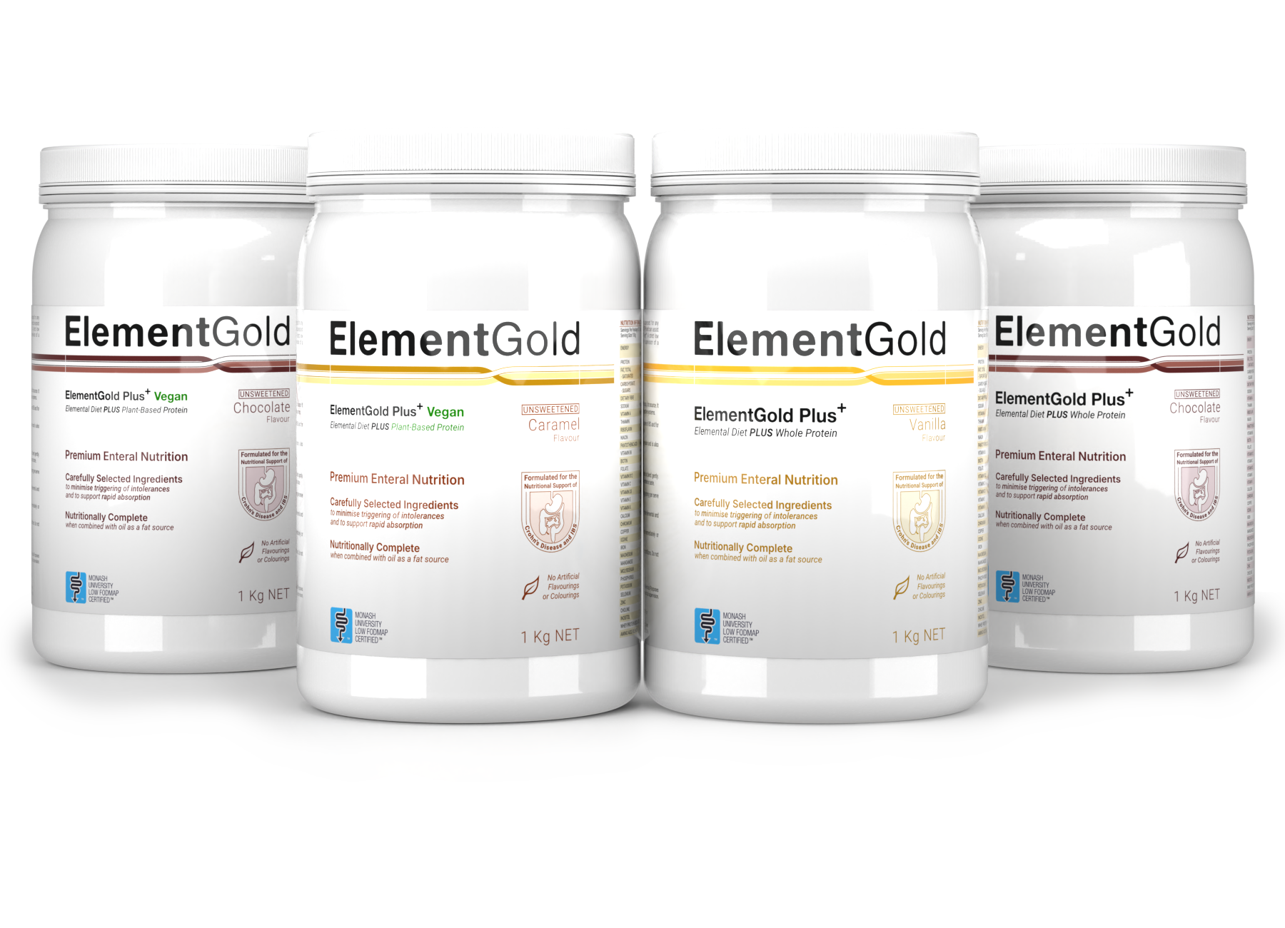 1Kg tubs of ElementGold Plus in different flavours